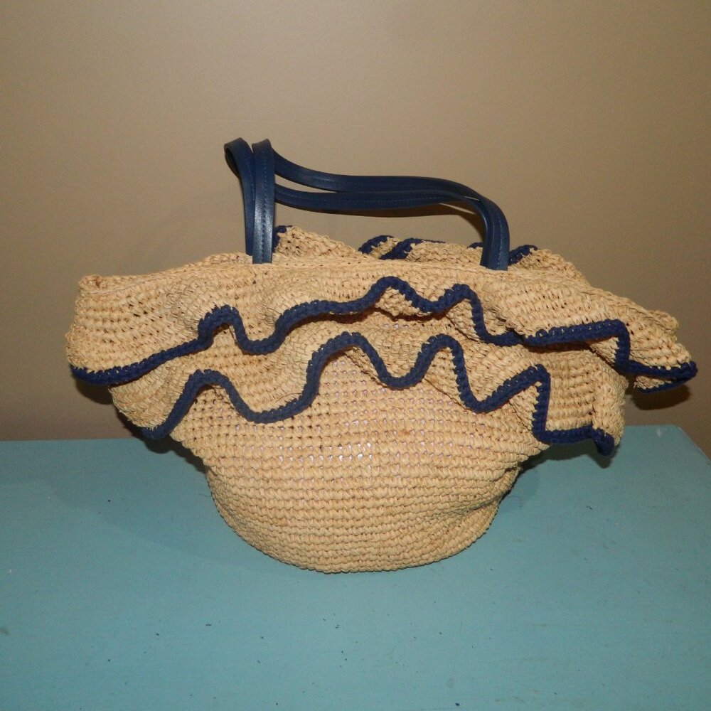 Mark & Graham Ruffle Raffia Tote Blue Trim NO MONO - Picture 2 of 4